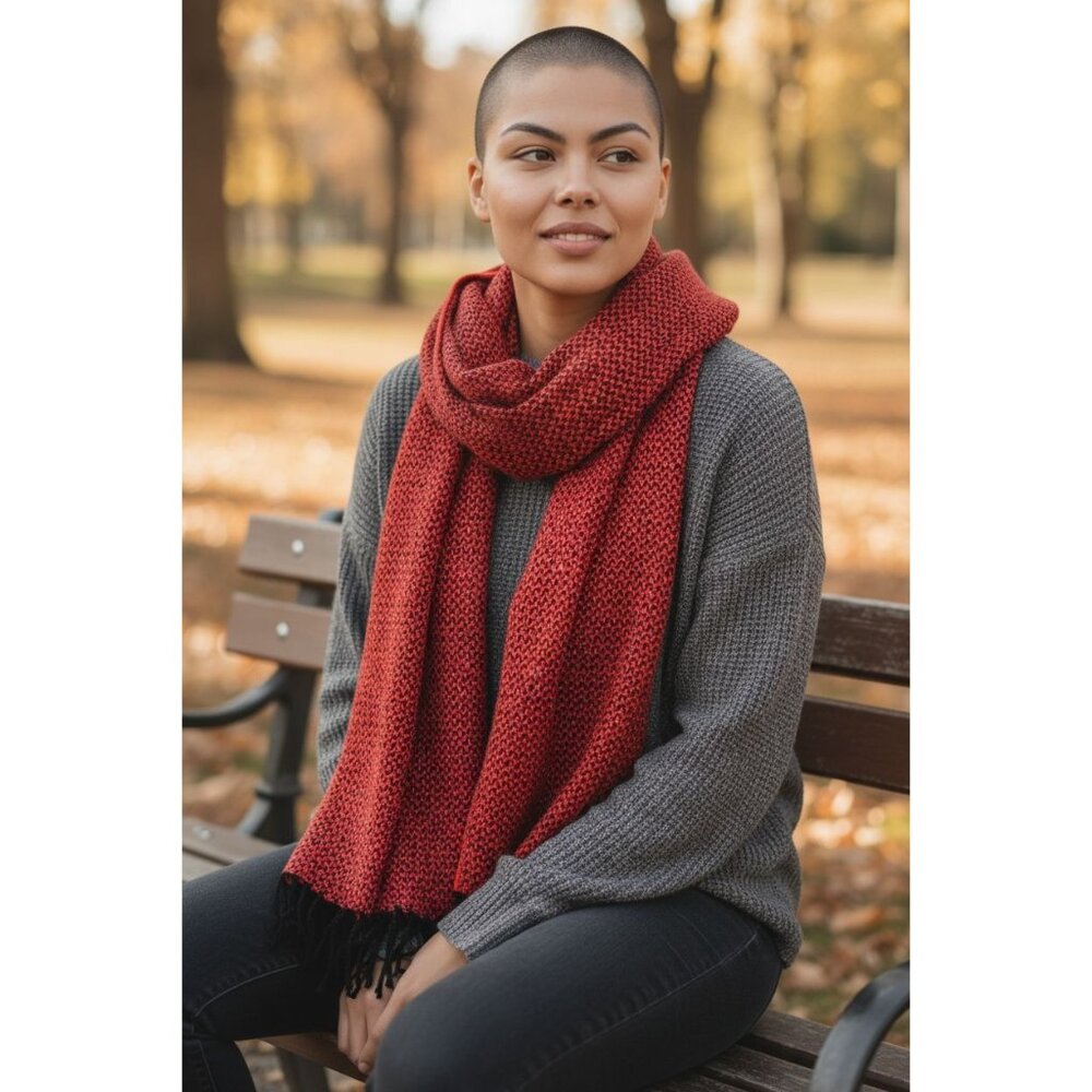 Red & Black Acrylic Woven Scarf With Fringe
